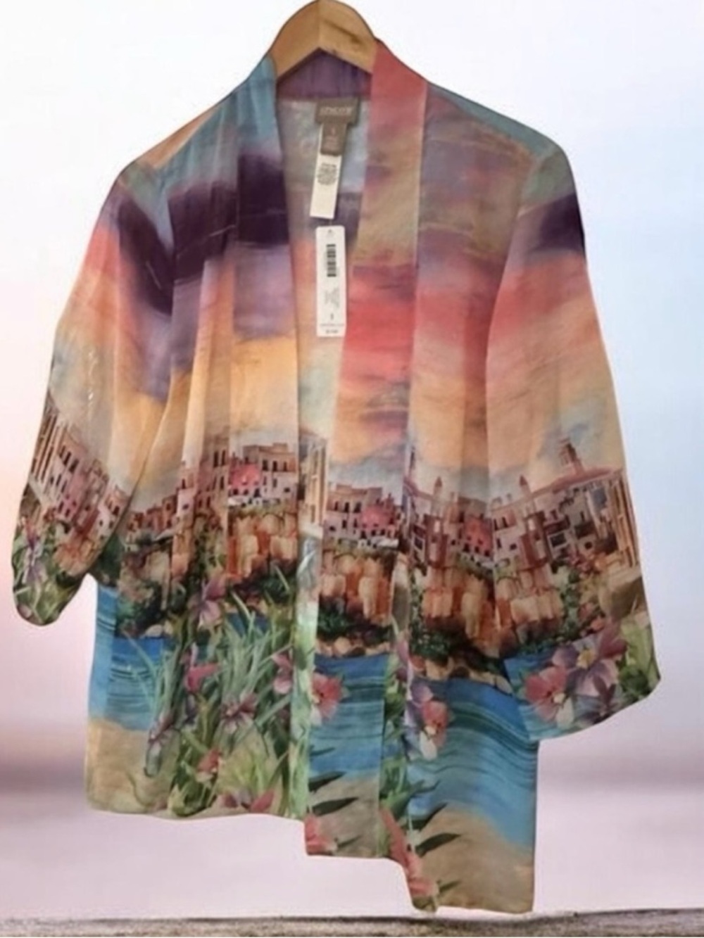 Chico's Watercolor Italy City Art‎ To Wear Cardigan  Size Medium